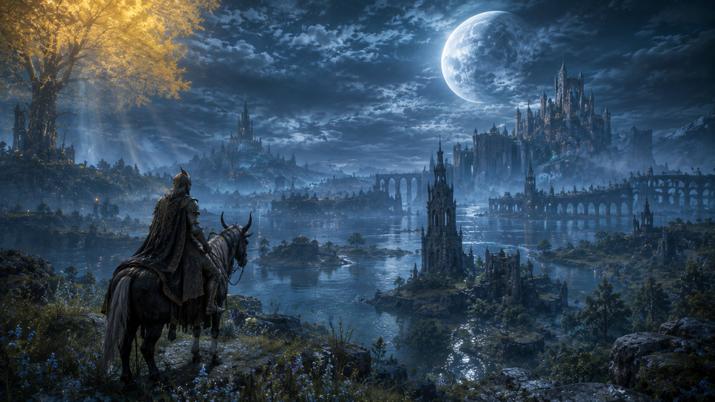 Elden Ring › Liurnia of the Lakes beneath a silver moon