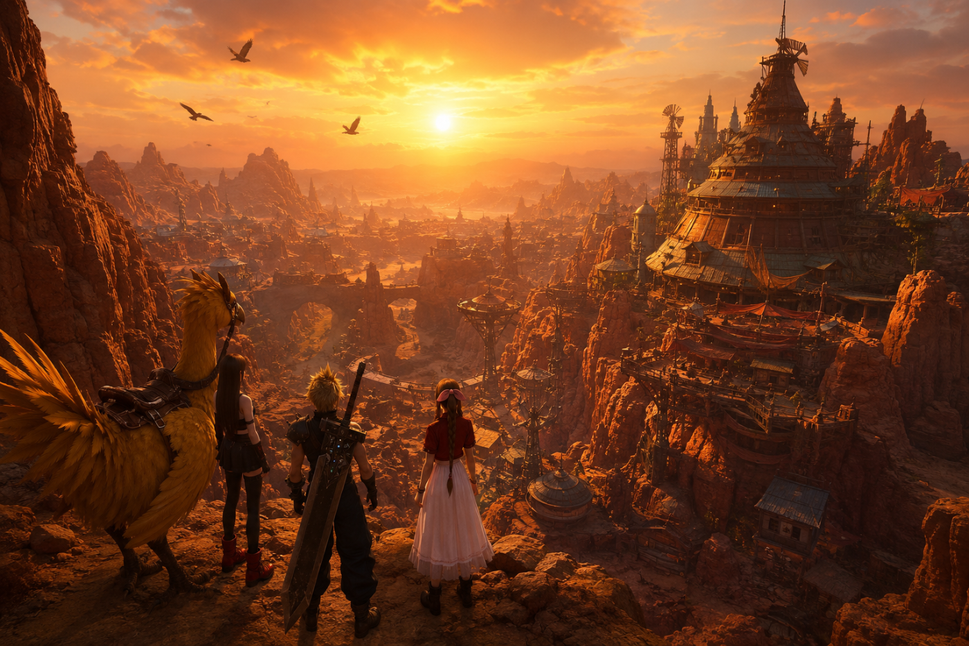 Final Fantasy VII Rebirth › Cosmo Canyon burning gold beneath the evening sky