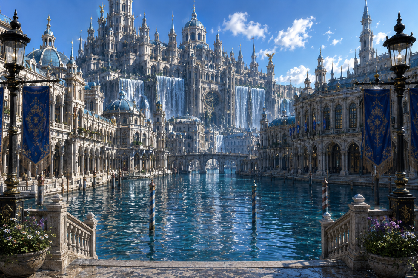 Final Fantasy XV › Altissia's waterways shimmering beneath ornate towers