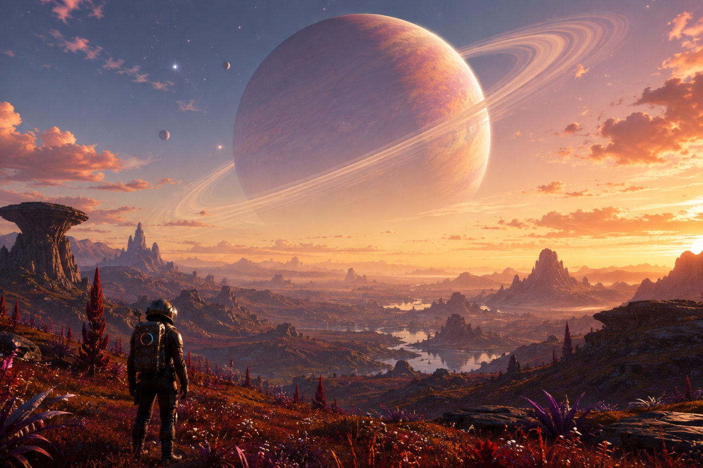 No Man's Sky › A ringed planet rising over an alien valley
