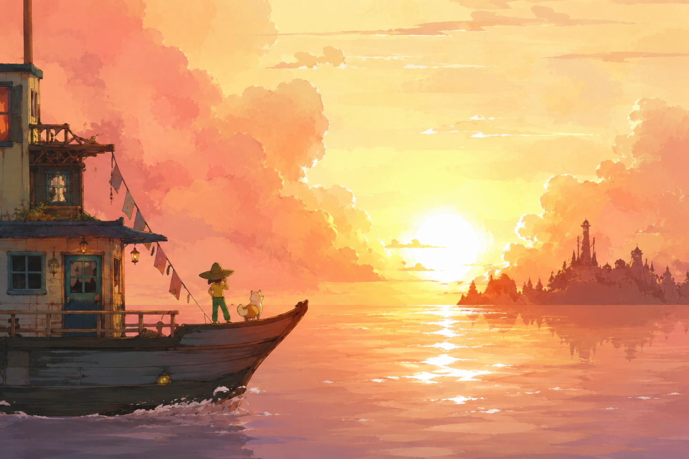 Spiritfarer › A warm hand-painted sea beneath a glowing sunset