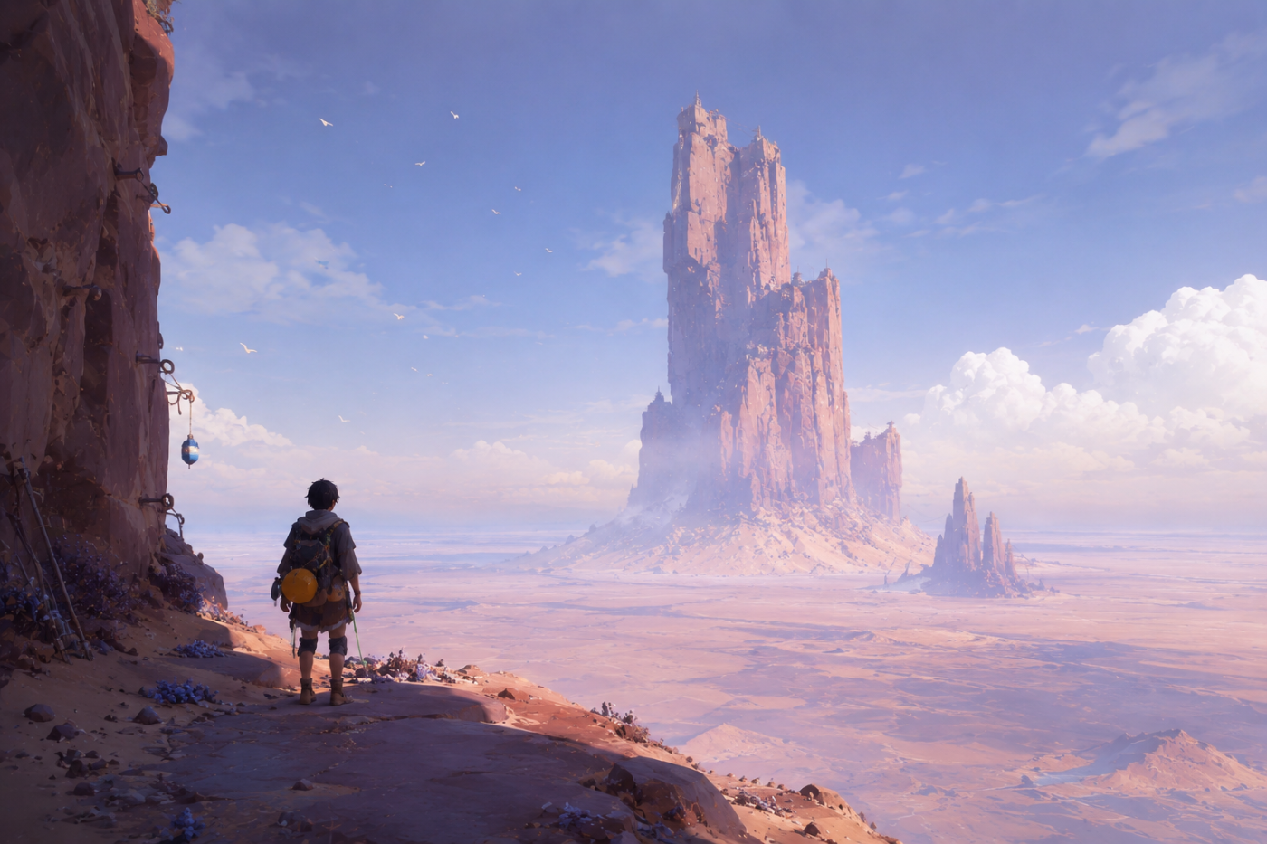 Jusant › A towering rock formation rising above a vast dry sea