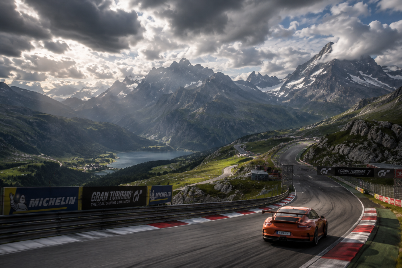 Gran Turismo 7 › A mountain circuit beneath dramatic clouds and distant peaks