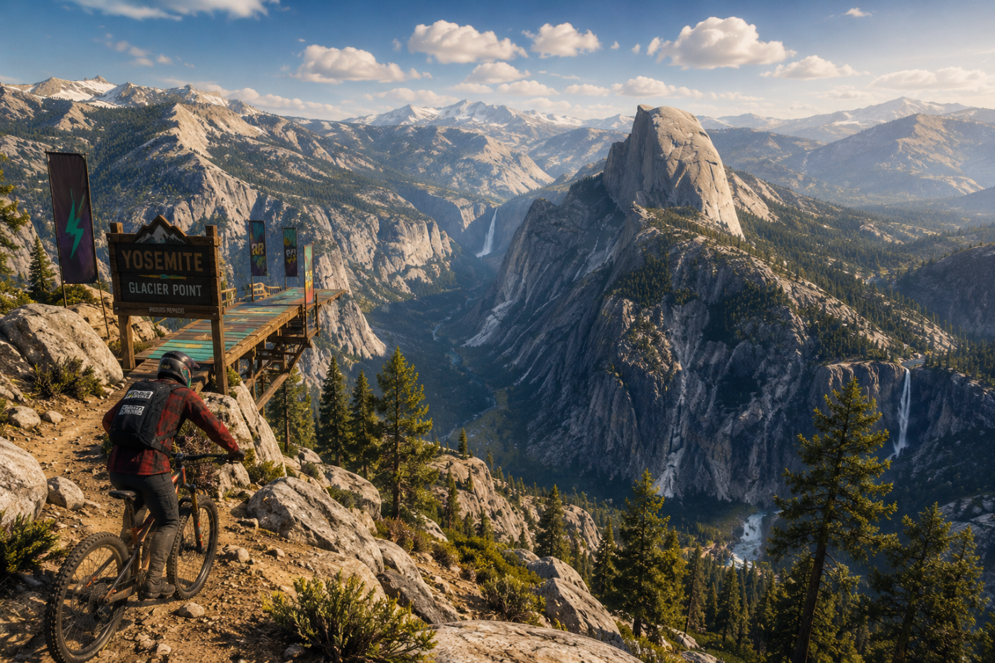 Riders Republic › Yosemite granite and alpine forest from a high ridge