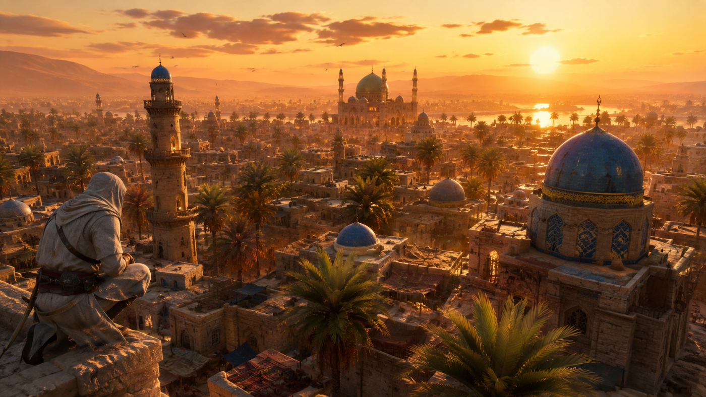 Assassin's Creed Mirage › Baghdad rooftops and domes in warm evening light