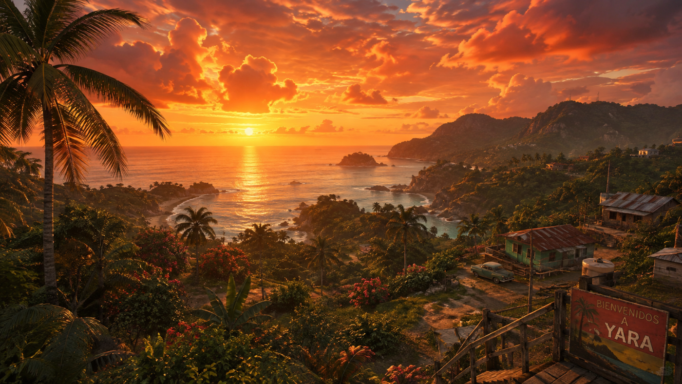 Far Cry 6 › Yara's tropical coastline beneath a fiery sunset