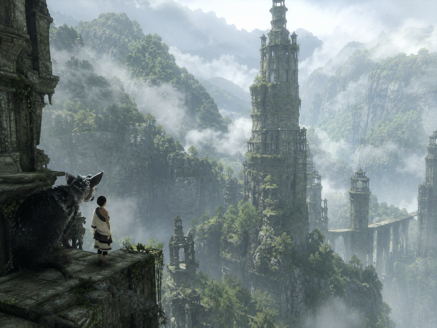 The Last Guardian › Ancient towers disappearing into misty green mountains