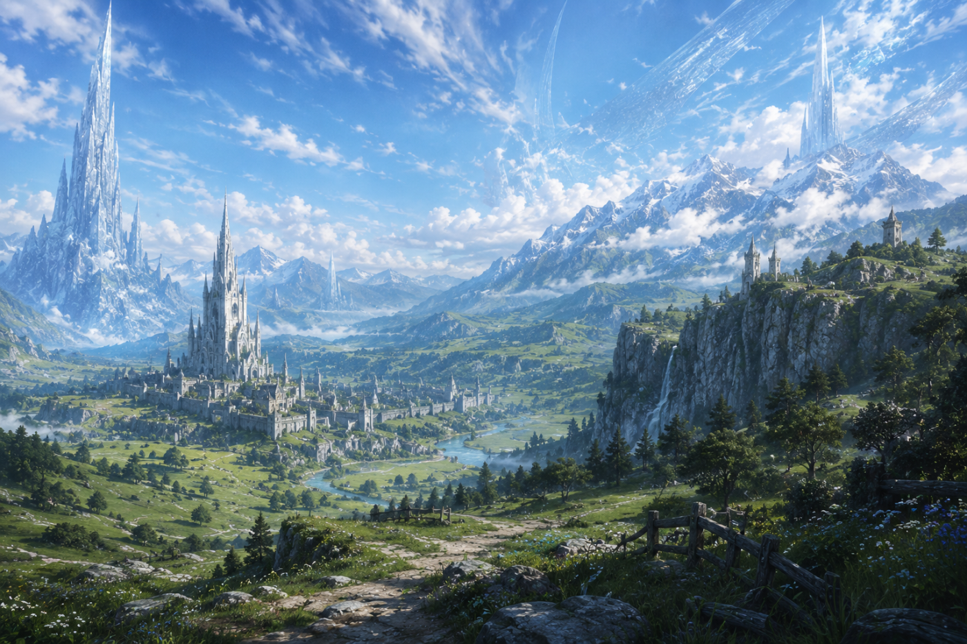 Final Fantasy XVI › Rosaria's green valleys beneath crystalline fantasy skies