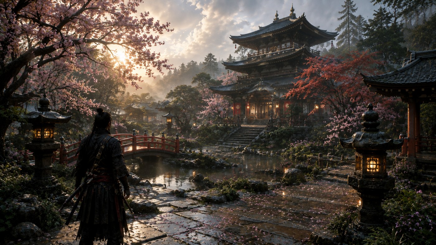Assassin's Creed Shadows › A Japanese temple garden glowing after spring rain