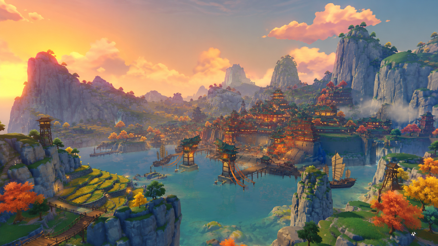 Genshin Impact › Liyue's karst mountains above glowing rivers and terraces