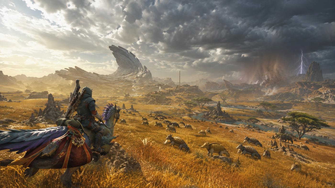 Monster Hunter Wilds › Windward Plains beneath a changing storm-filled sky