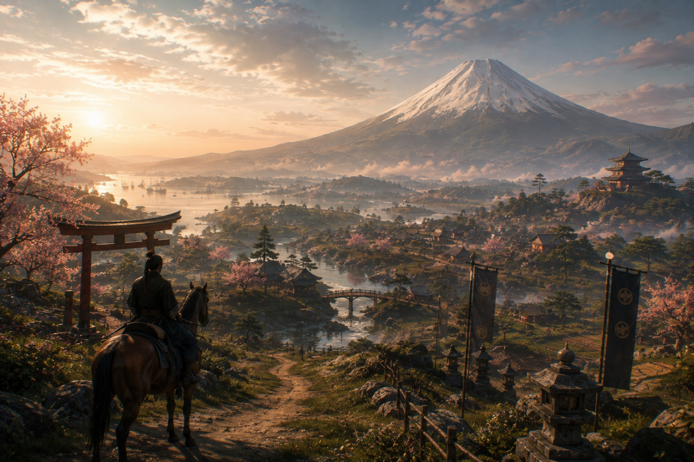 Rise of the Ronin — Mount Fuji beyond fields and roads of nineteenth-century Japan