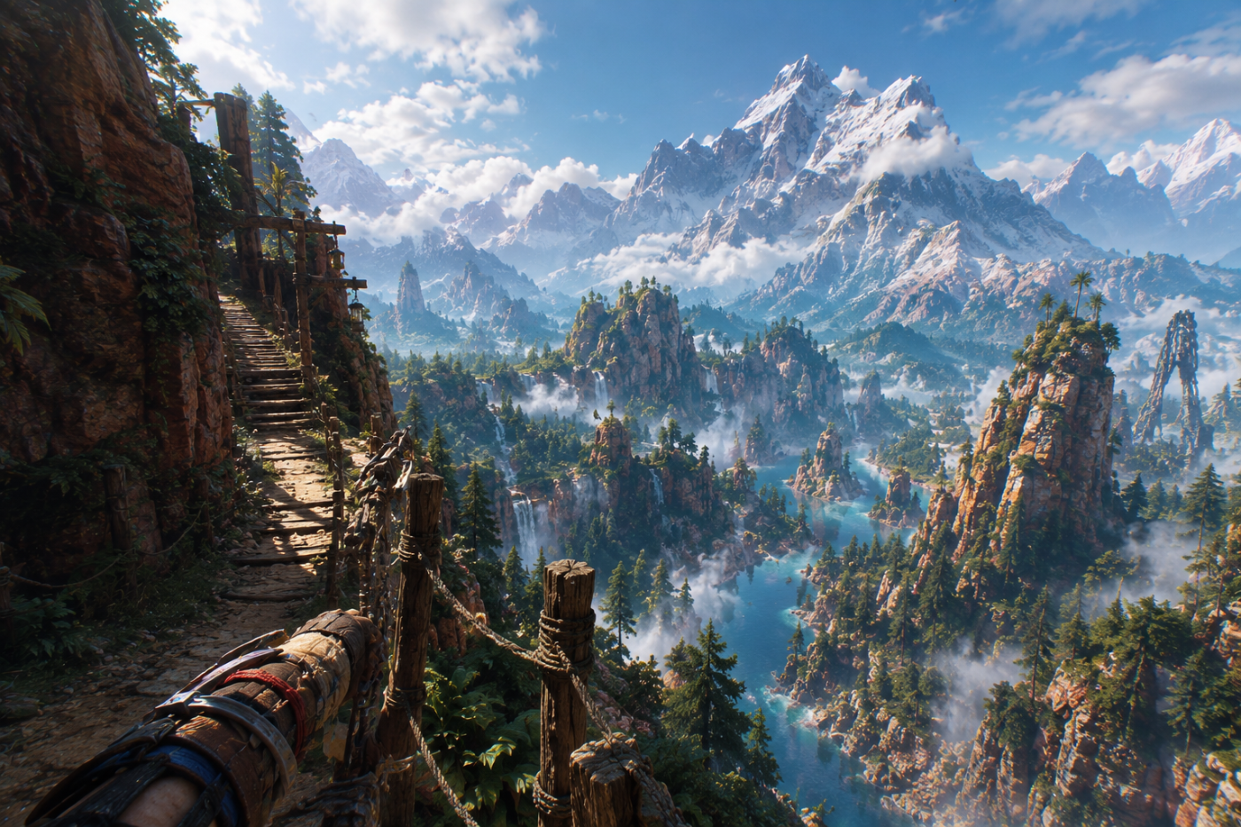 Horizon Call of the Mountain — A towering mountain wilderness seen from a vertiginous trail